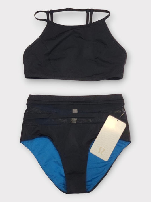 Size 6 - Lululemon See The Sea Swim Top Black & Lululemon Go With The Flow (High Waist) Pipe Dream Blue / Black